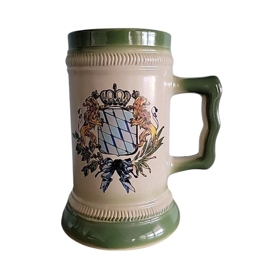 German‎ Stoneware Beer Mug Stein Bavaria Coat of Arms Bierkrug Beige Green